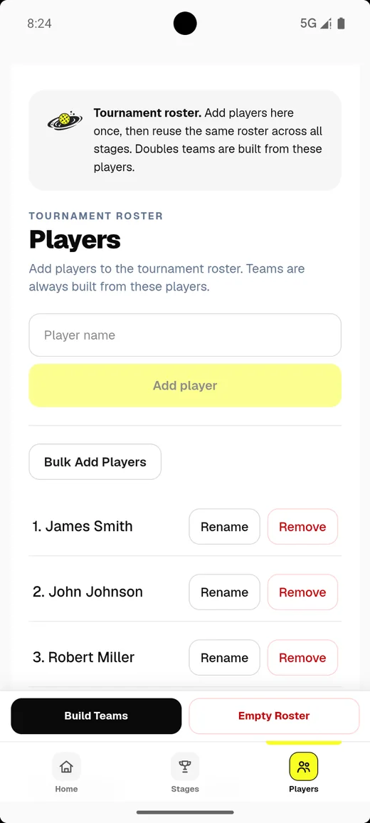 Players screen with the tournament roster